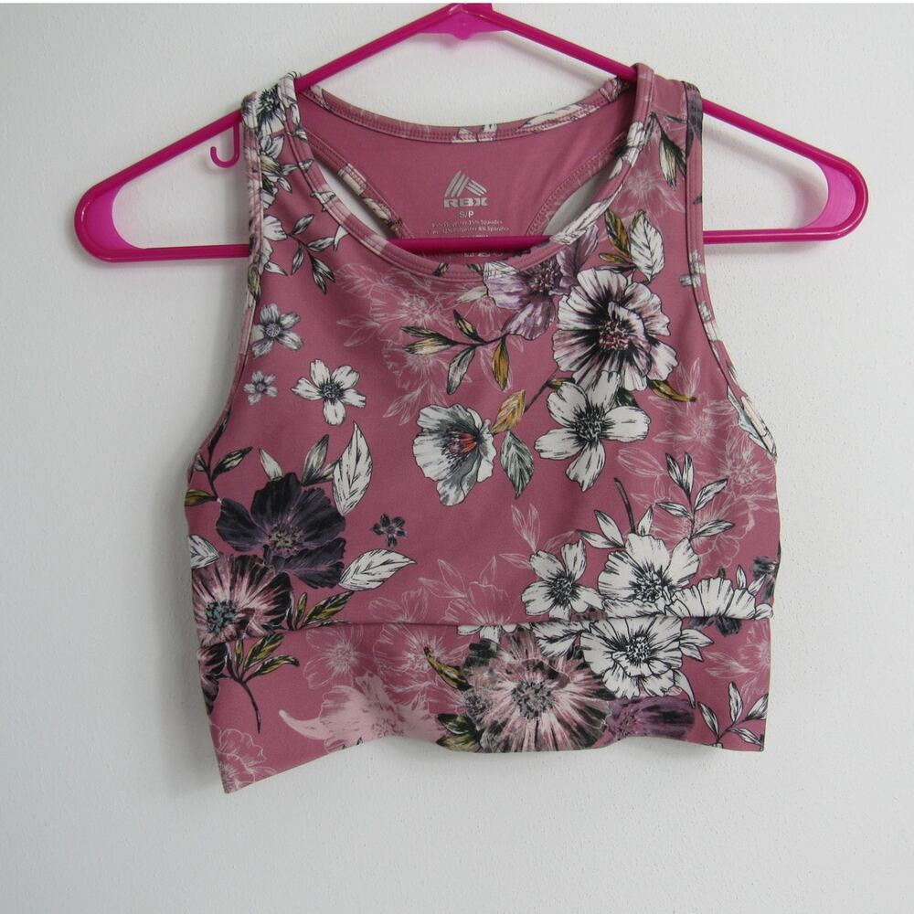 RBX Small Dusty Rose High Neck Sports Bra Floral Print White Pink Athletic